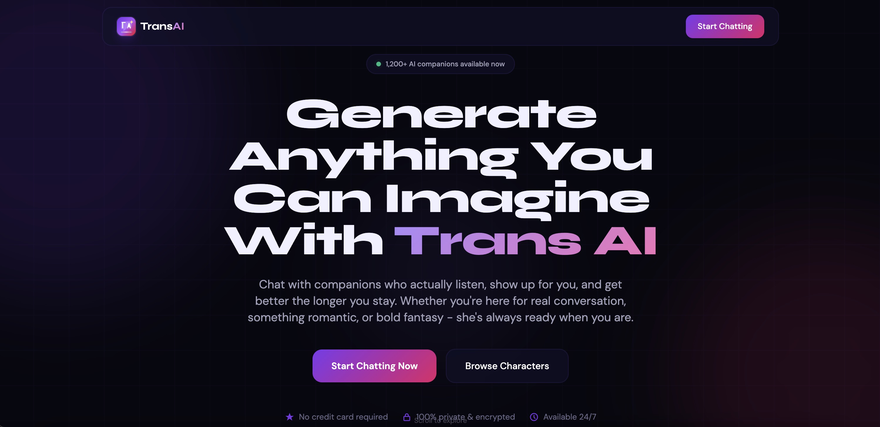 AI Trans Chat interface screenshot showing a trans-femme persona card and chat thread