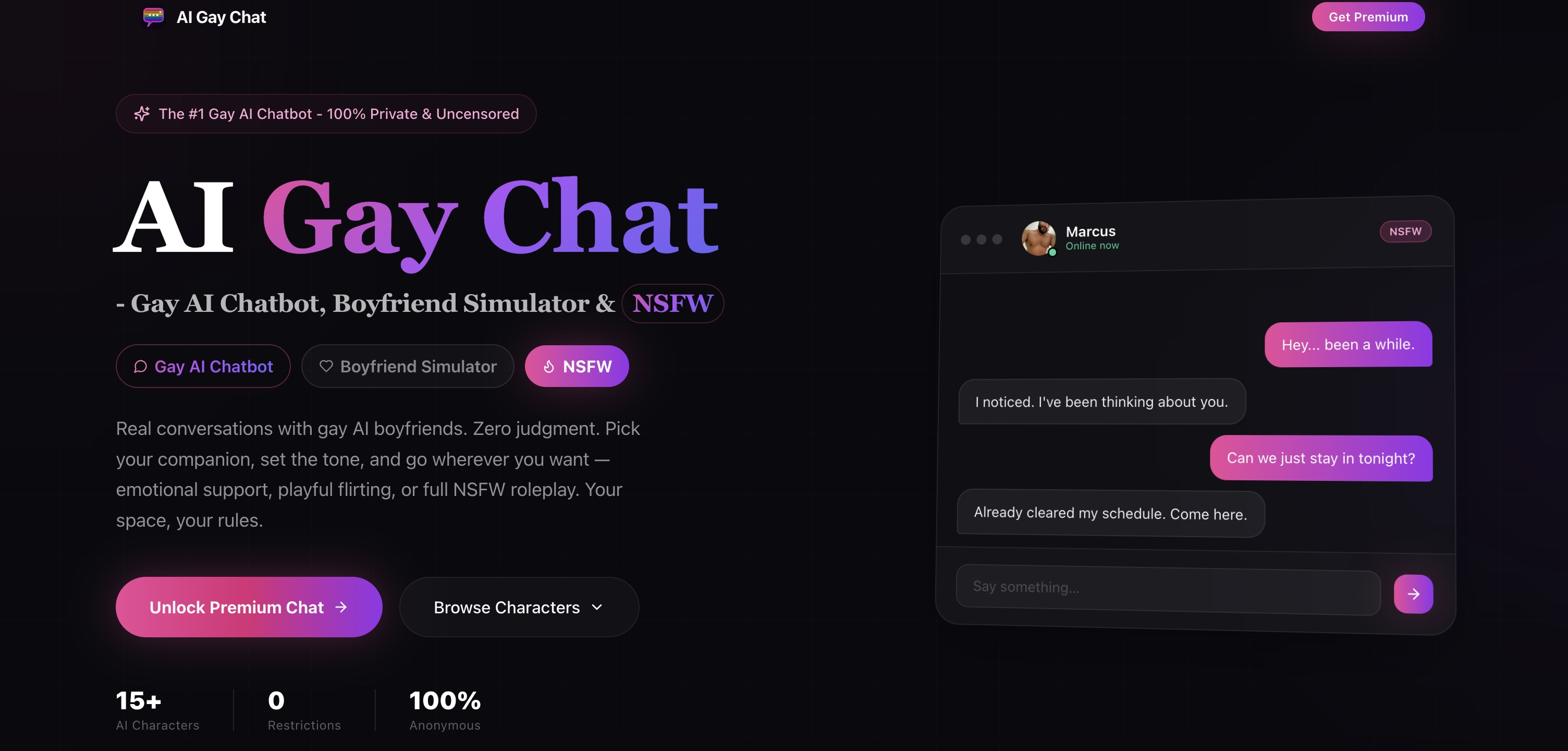Screenshot des AI Gay Chat-Interfaces mit einem M/M-KI-Persona-Gespräch