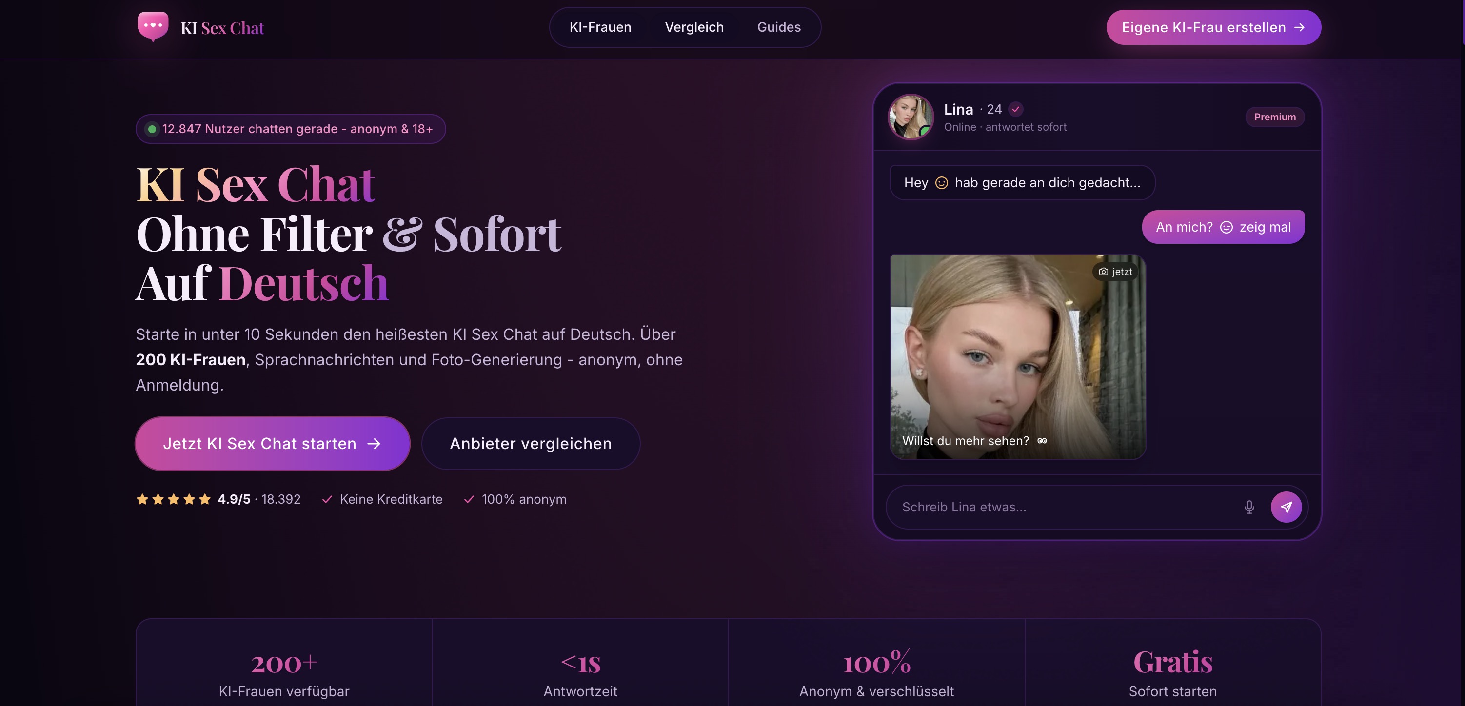 KI Sexchat homepage screenshot showing the eight German NSFW KI personas and the unfiltered chat pitch