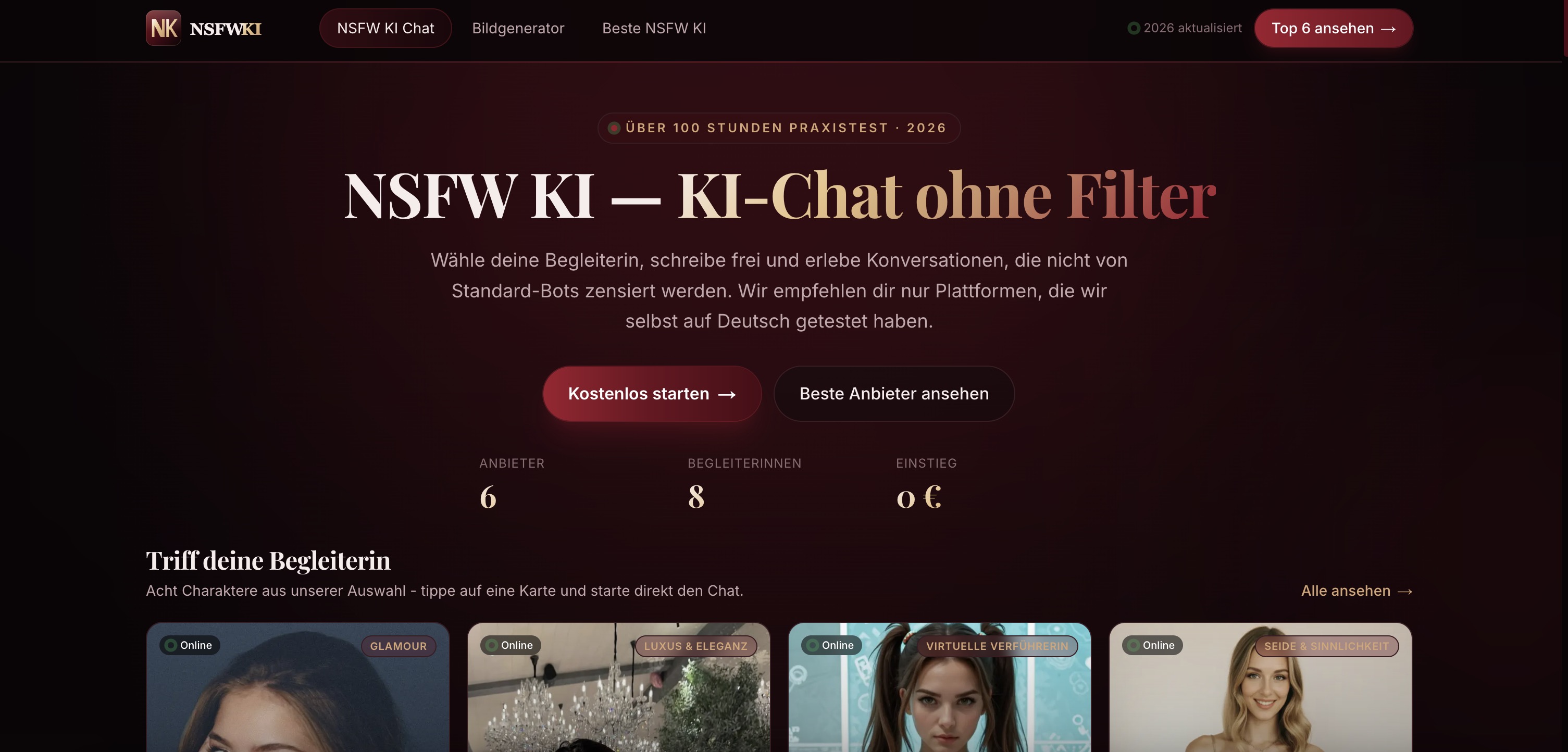 NSFWki.de homepage screenshot showing the German NSFW AI partner comparison
